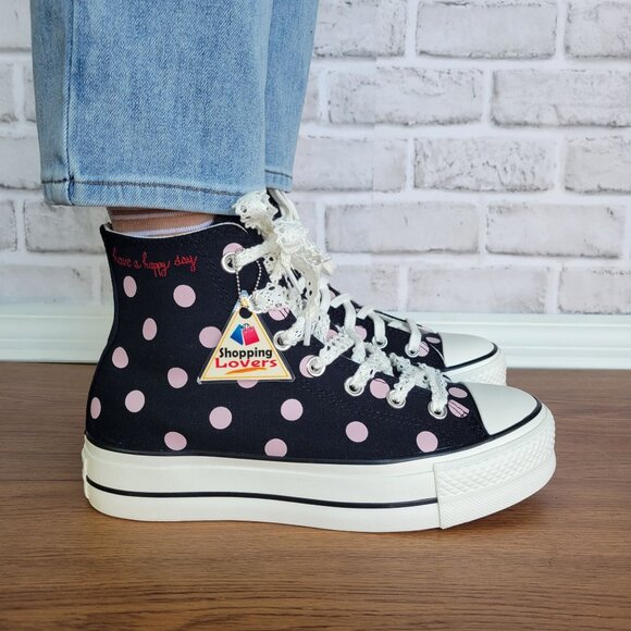 ⭐Converse Lift Platform Polka Dot Hi Canvas 8 Womens Sneakers Black Pink A10688C - Picture 3 of 12